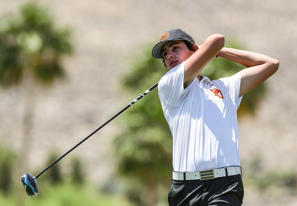 Palm Desert’s Max Margolis tees off on nine during the Desert Empire League boys golf individual preliminaries at the Indian Canyons Golf Resort in Palm Springs, Calif., Tuesday, May 3, 2022.