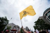 <p>A protester waves the flag ‘Don’t Dread on Me’ during a North Carolina public school teacher march and rally in Raleigh, N.C., May 16, 2018. (Photo: Caitlin Penna/EPA-EFE/REX/Shutterstock) </p>