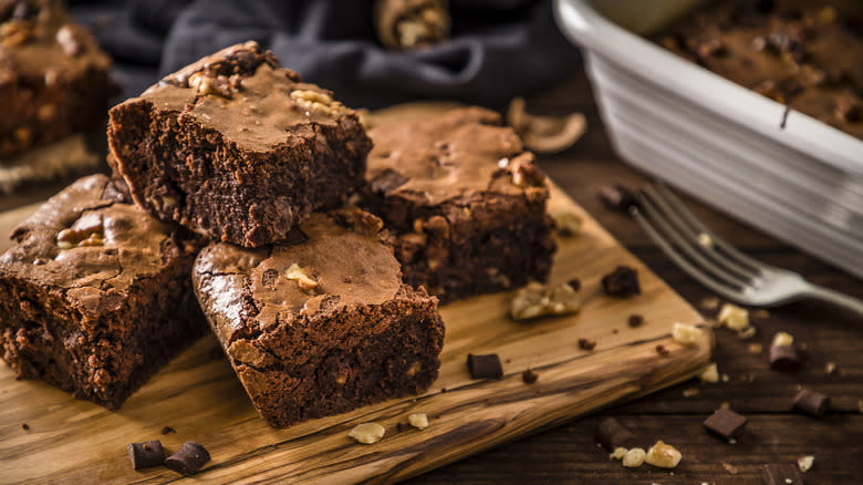 Brownies on wooden plate fork