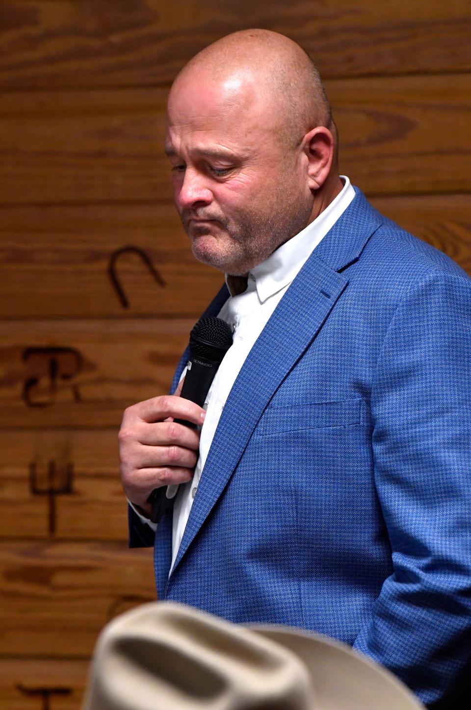 Taylor County District Attorney Investigator Shay Bailey pauses for an emotional moment during Friday’s Taylor County Sheriff’s debate at the Expo Center. Bailey was recalling the officers he had known who had died in the line of duty.