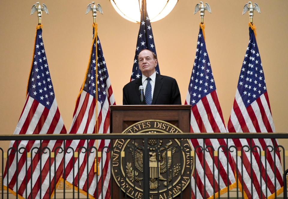 Former Senator Richard Shelby speaks during the ceremony naming the federal courthouse in Tuscaloosa the Richard Shelby Federal Building and Courthouse Friday, Sept. 15, 2023.