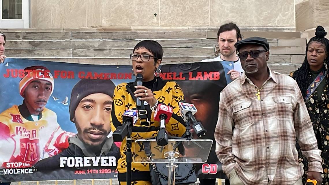 Laurie Bey, mother of Cameron Lamb, speaks at an Oct. 18 news conference in Kansas City.