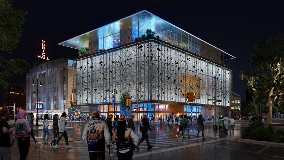 Renderings of the $125 million music complex show a seven-floor, 108,000-square-foot complex adjacent to Music Hall that will include a 1,920-capacity concert venue, Detroit-music theme restaurant, walk-of-fame tourist attraction, rooftop club, music academy, recording studio, recital hall and more.