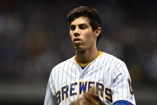 Christian Yelich of the Milwaukee Brewers warms up before a baseball