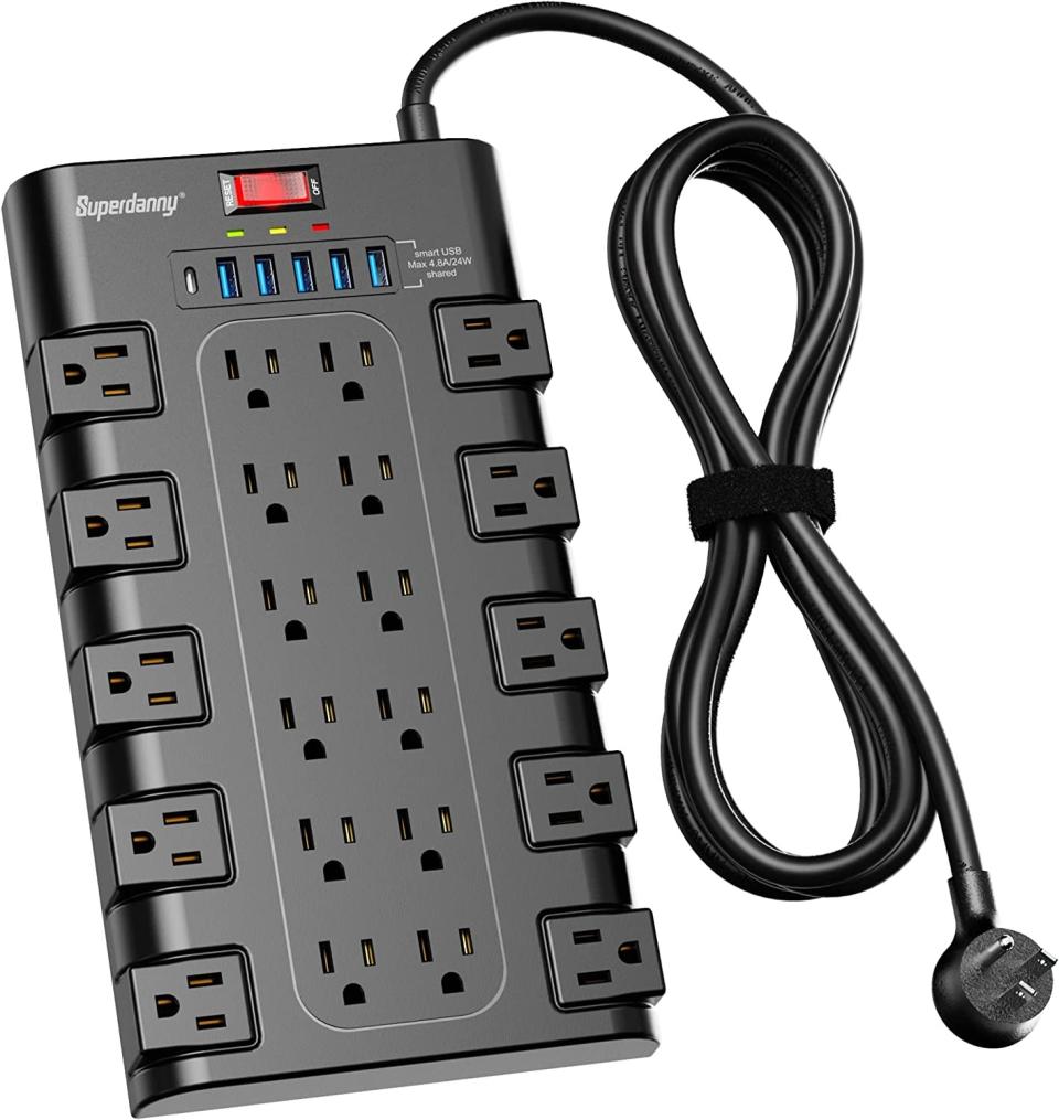 Image of Superdanny Surge Protector with 22 AC Outlets and 6 USB Charging Ports against white background.