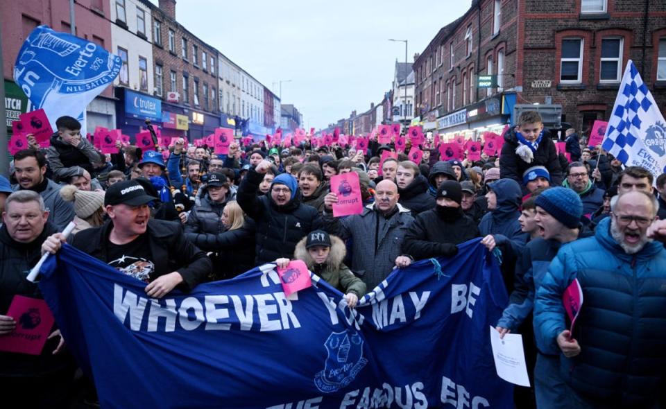 Everton fans protesting after receiving a points deduction from the Premier League (Getty Images)