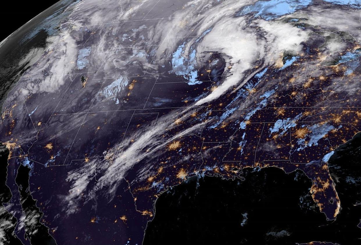 <span class="caption">A satellite view on the night of Dec. 15, 2021, at the same time tornadoes were reported in Iowa.</span> <span class="attribution"><a class="link " href="https://www.star.nesdis.noaa.gov/GOES/conus.php?sat=G16" rel="nofollow noopener" target="_blank" data-ylk="slk:NOAA;elm:context_link;itc:0;sec:content-canvas">NOAA</a></span>