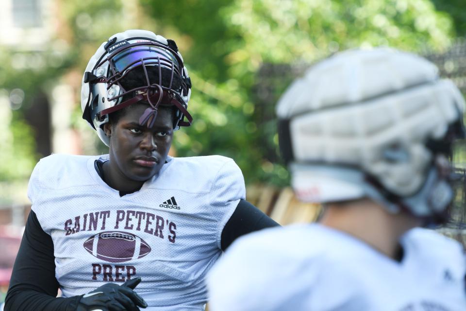 Andre Oben, of St. Peter's Prep High School Football team in Jersey City, N.J. on Friday Aug. 13, 2021. 