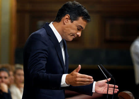 Spain's Socialist Party (PSOE) leader Pedro Sanchez reacts during an investiture debate at parliament in Madrid, Spain August 31, 2016. REUTERS/Andrea Comas