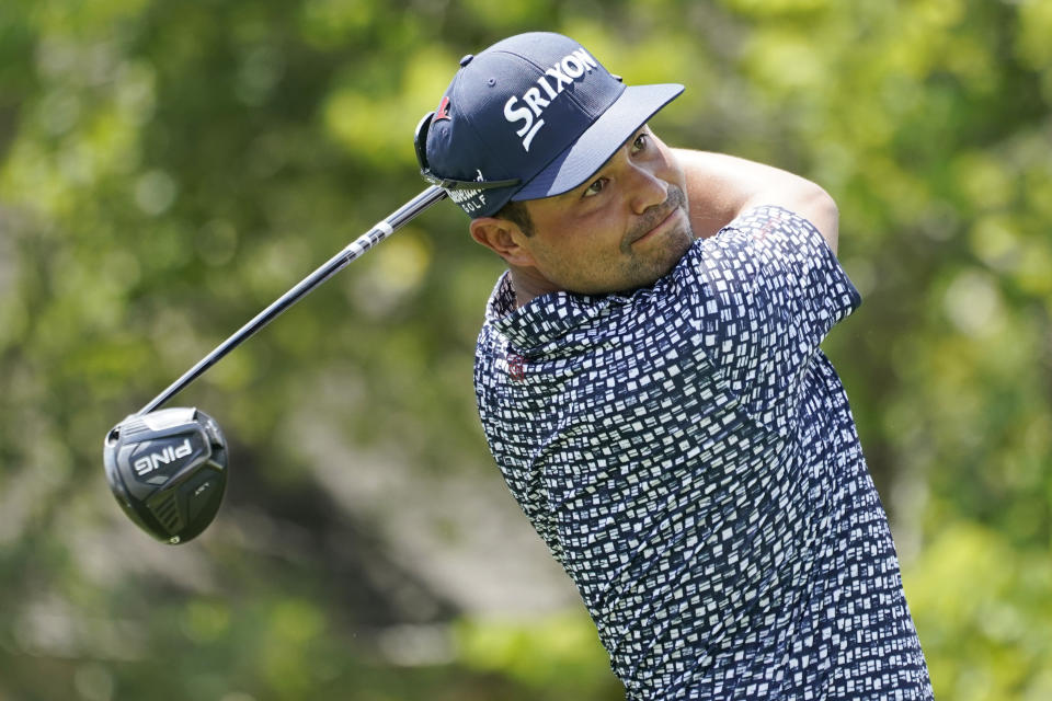 J.J. Spaun hits from the 18th tee during the first round of the St. Jude Championship golf tournament Thursday, Aug. 11, 2022, in Memphis, Tenn. (AP Photo/Mark Humphrey)