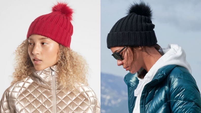 Keep your noggin warm with this ribbed pom-pom beanie.