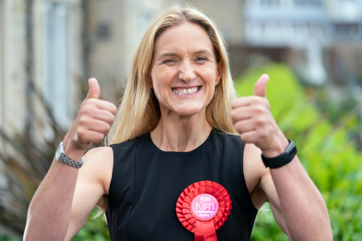 Labour candidate Kim Leadbeater celebrates by a canal in Huddersfield after winning the Batley and Spen by-election. Picture date: Thursday July 1, 2021.