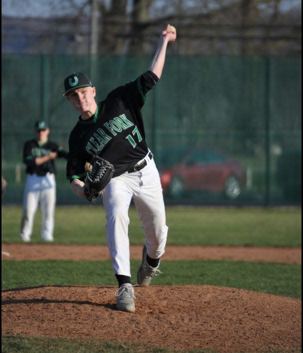 Clear Fork's Chandler Ball fires a pitch during his shutout performance over Lucas on Thursday afternoon.