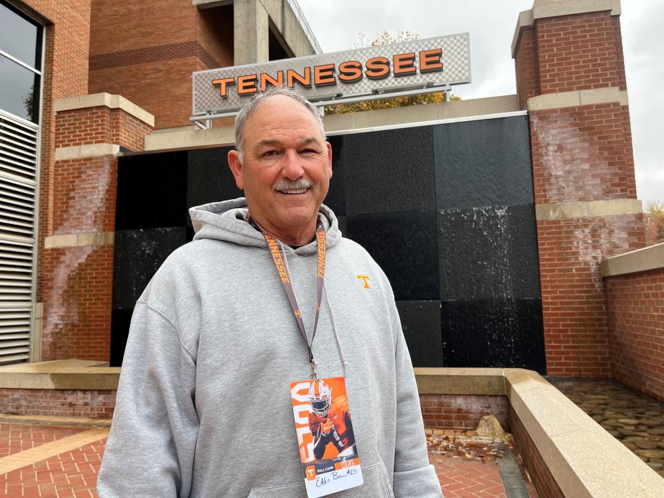 Eddie Brown, who was a standout safety and punt returner for the Tennessee Vols 50 years ago, stands outside the Neyland-Thompson Sports Center on Oct. 31, 2023. The former all-American tries to attend UT football practices on a weekly basis.