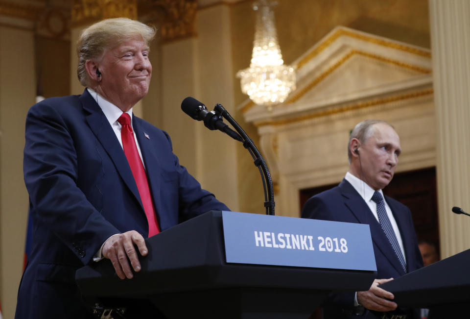 President Donald Trump beside Russian President Vladimir Putin during a press conference in Helsinki, Finland, in July 2018. Trump famously said he believed Putin over U.S. intelligence officials on whether Russia interfered in the 2016 election. (Photo: ASSOCIATED PRESS)