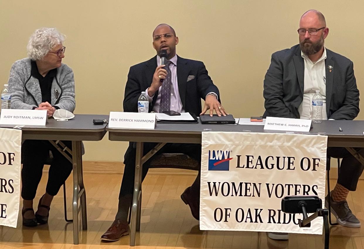 Judy Roitman, from left, the Rev. Derrick Hammond and Matt Harris the recent League of Women Voters-sponsored forum on the need for Medicaid expansion in Tennessee. Roitman is executive director of the Tennessee Health Care Campaign. Hammond is an Oak Ridge City Council member and pastor of Oak Valley Baptist Church in Oak Ridge. Harris is a University of Tennessee professor who specializes in health care.