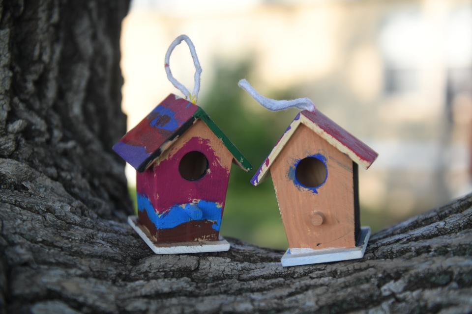 Two birdhouses painted by Christian Banley’s daughters sit in a tree by her parents’ house in Aberdeen on Wednesday, Aug. 23, 2023.