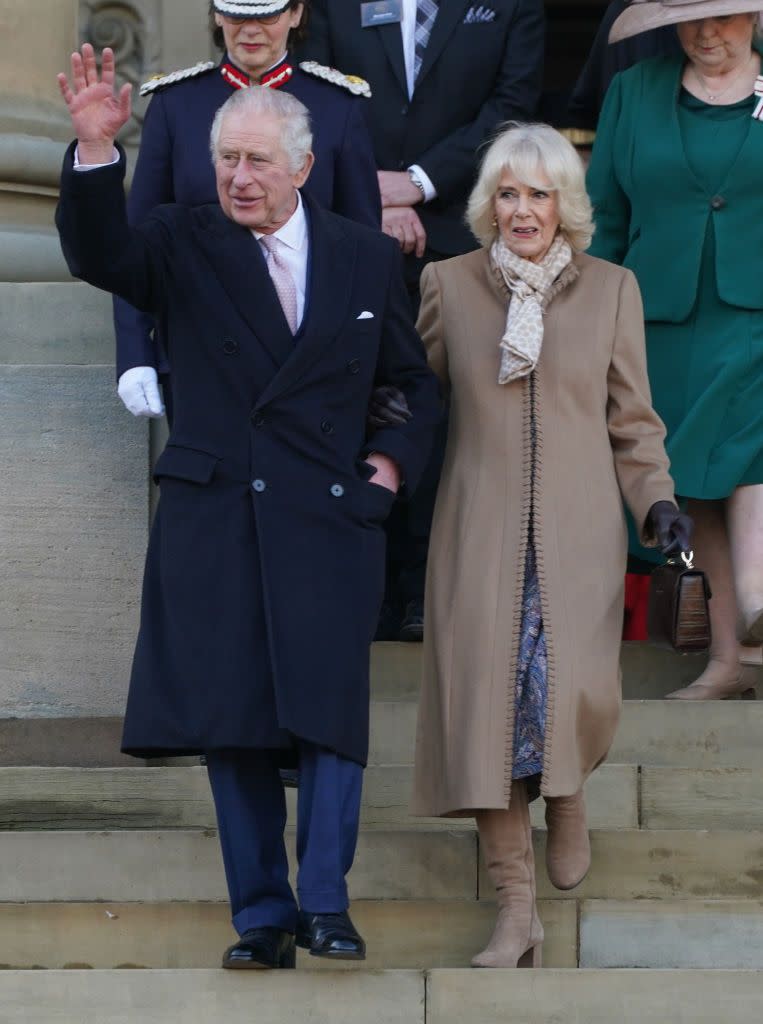 king charles iii and the queen consort leave after a visit to bolton town hall where they attended a reception to meet representatives from the community, as part of a visit to greater manchester picture date friday january 20, 2023 photo by owen humphreyspa images via getty images