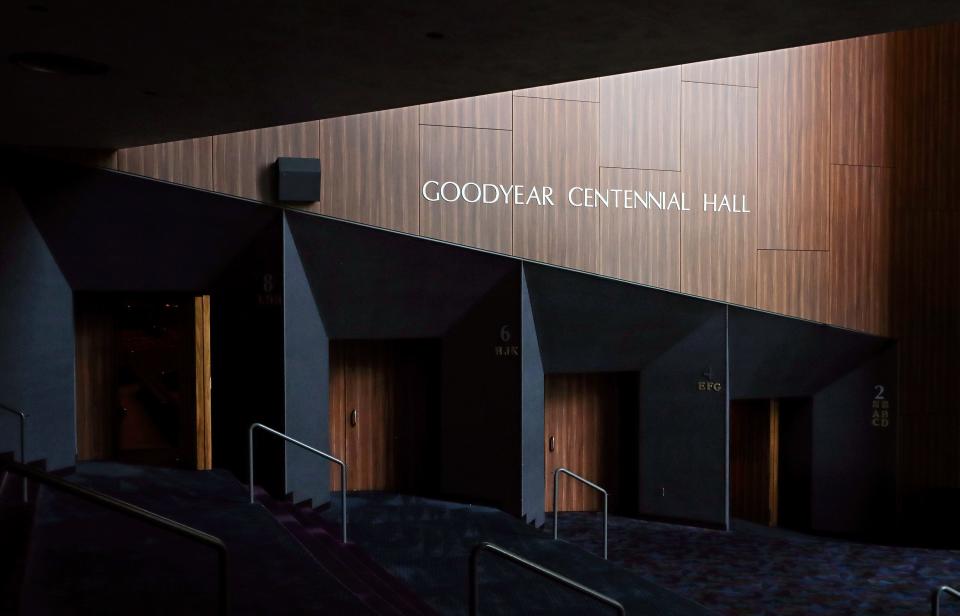 The wood paneling over the entrance to the hall was recently installed at E.J. Thomas Hall in Akron.