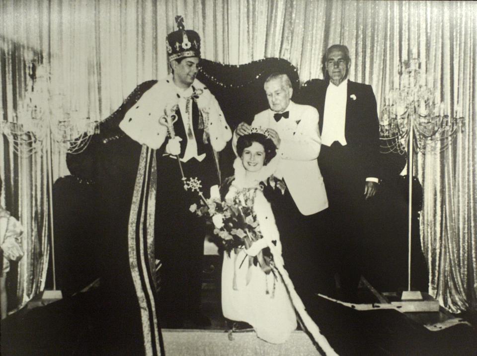 The 1968 coronation of King Fredrick Morgan and Queen Kay Holloway, daughter of the first Queen of Edisonia, Virginia Sheppard Holloway by New Jersey governor Charles Edison. Edisonia’s Lord Chamberlain, the late novelist Richard P. Powell, oversees the crowning.