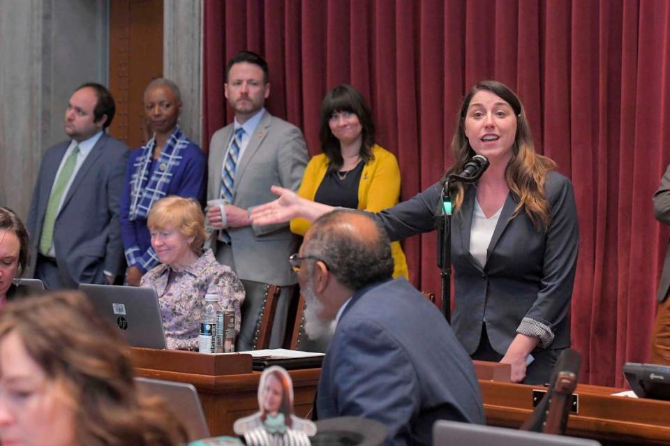 House Minority Leader Crystal Quade, a Springfield Democrat, speaks on the Missouri House floor.