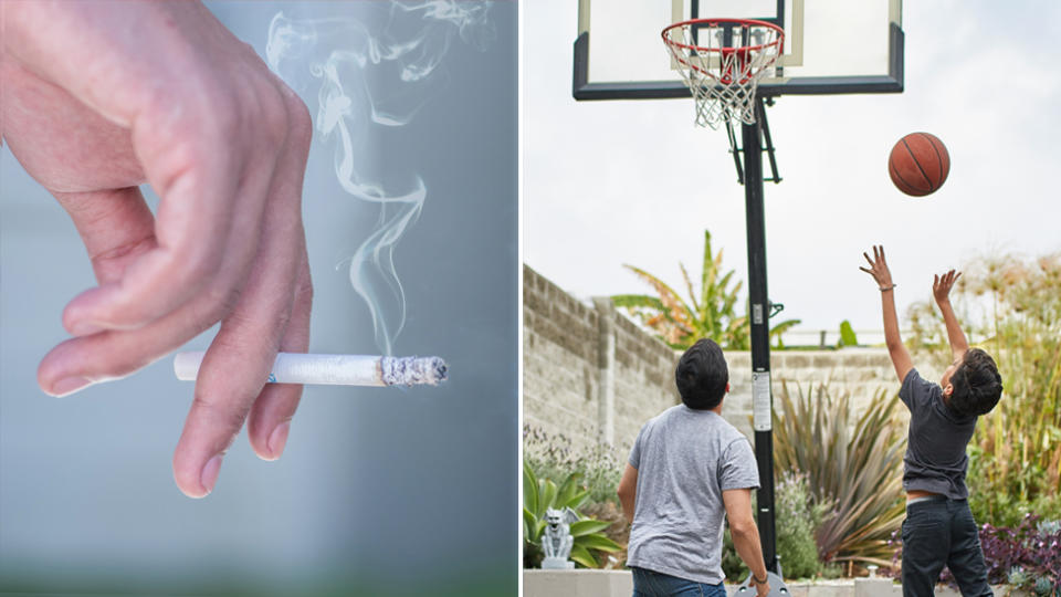 Photo shows a hand holding a cigarette and two children playing basketball. Source: Getty stock