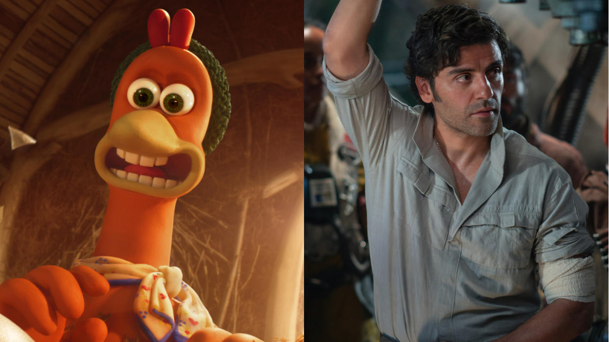  A shocked Ginger in Chicken Run: Dawn of the Nugget and a solemn Oscar Isaac in Star Wars: The Rise of Skywalker, pictured side by side. 