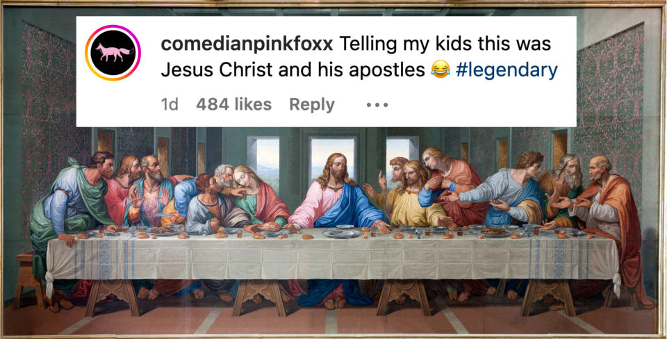 Scene from "The Last Supper" with comment, "Telling my kids this was Jesus Christ and his apostles"