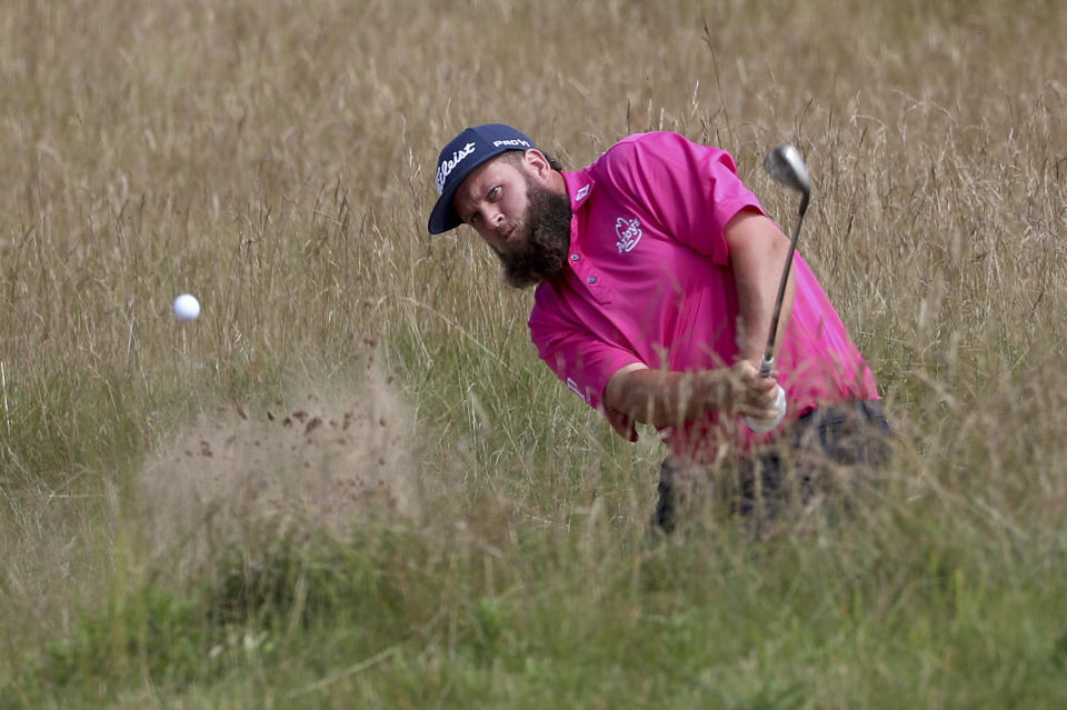 England's Andrew Johnston on the 18th hole during day four of the Scottish Open at The Renaissance Club, North Berwick, Scotland, Sunday July 14, 2019. (Jane Barlow/PA via AP)