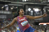 Laulauga Tausaga, of the United States, reacts after an attempt in the Women's discus throw final during the World Athletics Championships in Budapest, Hungary, Tuesday, Aug. 22, 2023. (AP Photo/Matthias Schrader)