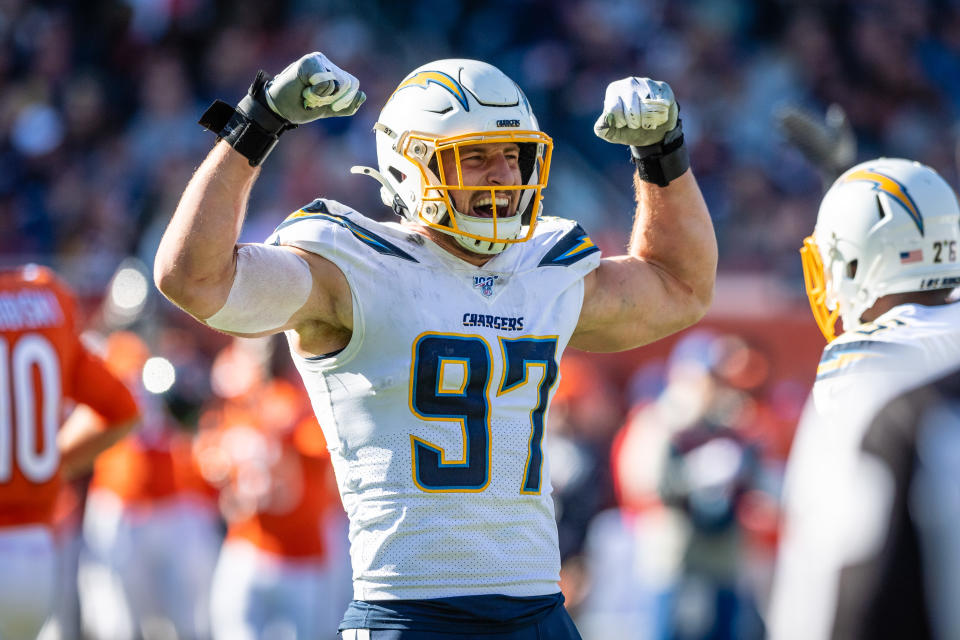 Chargers pass rusher Joey Bosa and his younger brother, Nick, were recognized as NFL players of the week. (Daniel Bartel/Getty Images)