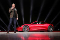 Tesla CEO Elon Musk unveils the Roadster 2 during a presentation in Hawthorne, California. Tesla/via REUTERS