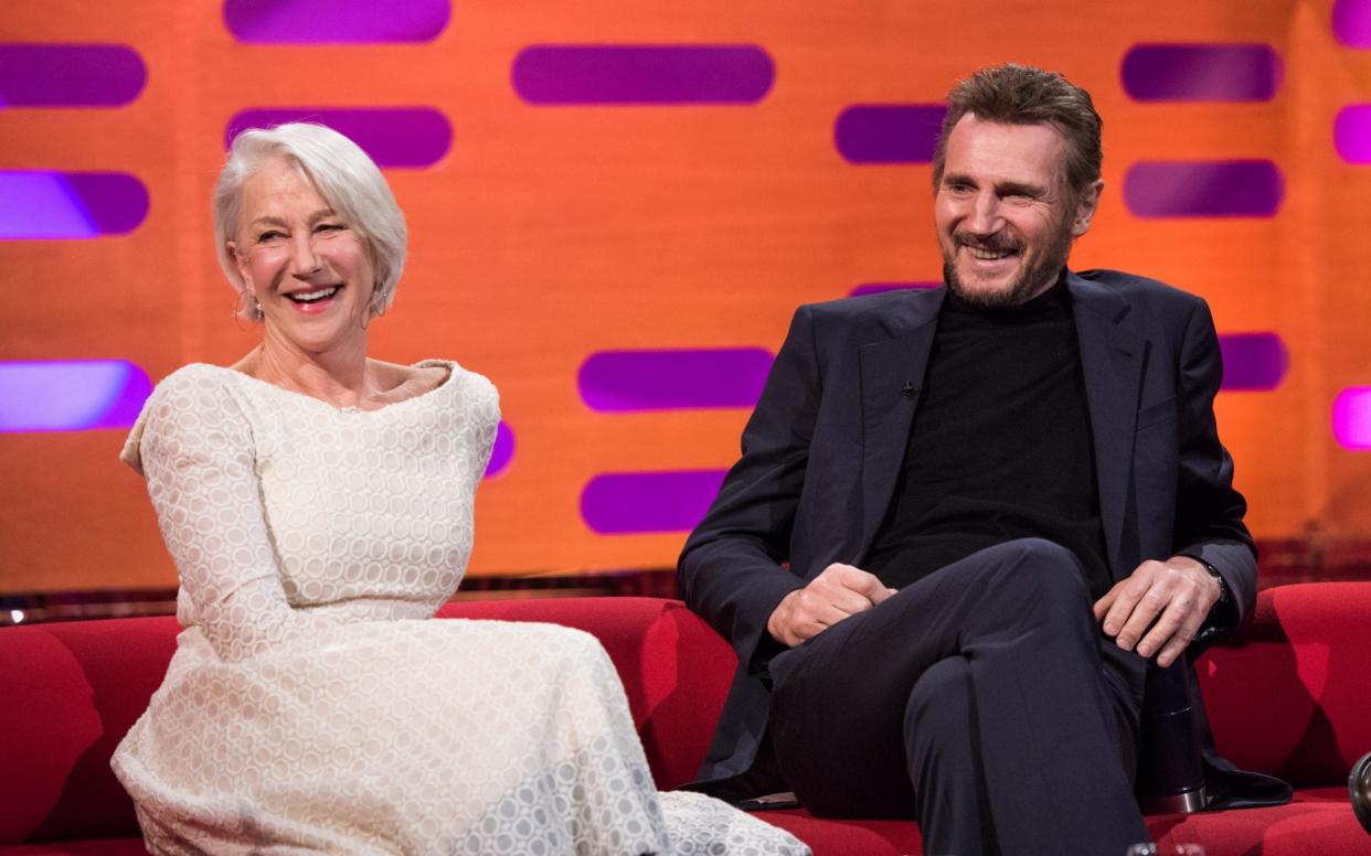 Dame Helen Mirren and Liam Neeson during filming of The Graham Norton Show - PA