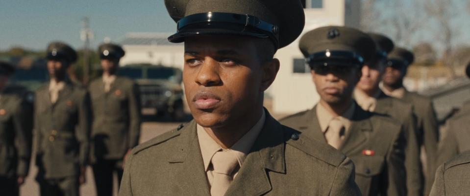 This image released by A24 shows Jeremy Pope in a scene from "The Inspection." (A24 via AP)