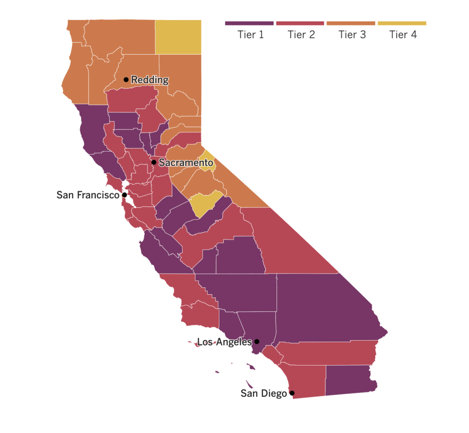A map of California showing what tiers counties have been assigned based on their local levels of coronavirus risk.