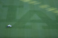 <p>Yasiel Puig #66 of the Los Angeles Dodgers stretches on the field before game two of the 2017 World Series against the Houston Astros at Dodger Stadium on October 25, 2017 in Los Angeles, California. (Photo by Sean M. Haffey/Getty Images) </p>