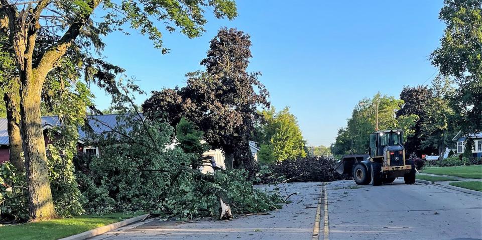 A City of Oconto employee works Thursday morning to clear a street of a tree that was knocked down during the storm Wednesday night.