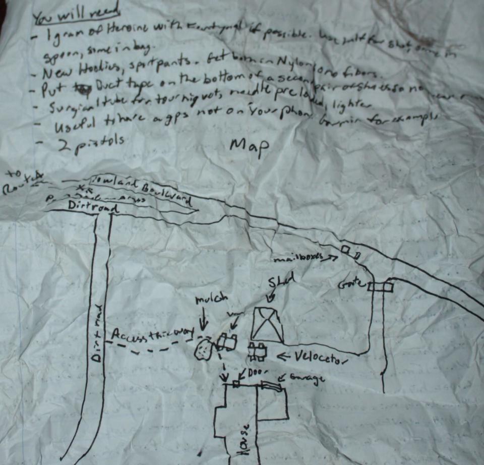 The detailed murder plan was complete with Patrick De La Cerdas's address, sketches of his property, and notes on how to enter and exit the premises without being detected.   / Credit: Volusia County State Attorney's Office