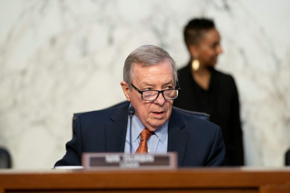 Chairman Dick Durbin (D-IL) arrives for a US Senate Judiciary Committee oversight hearing to examine the Justice Department on Capitol Hill in Washington, DC, on March 1, 2023.