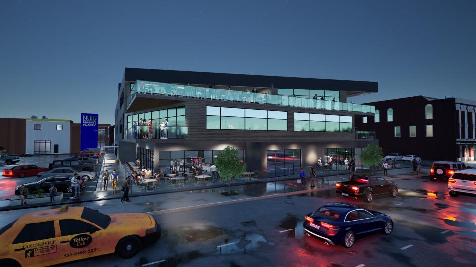 As seen in a rendering, the proposed expansion of Nulu Marketplace includes a new 3-story building along East Main Street that will feature a similar mix of restaurants, short-term rentals and office space as the original marketplace, which opened in 2021.