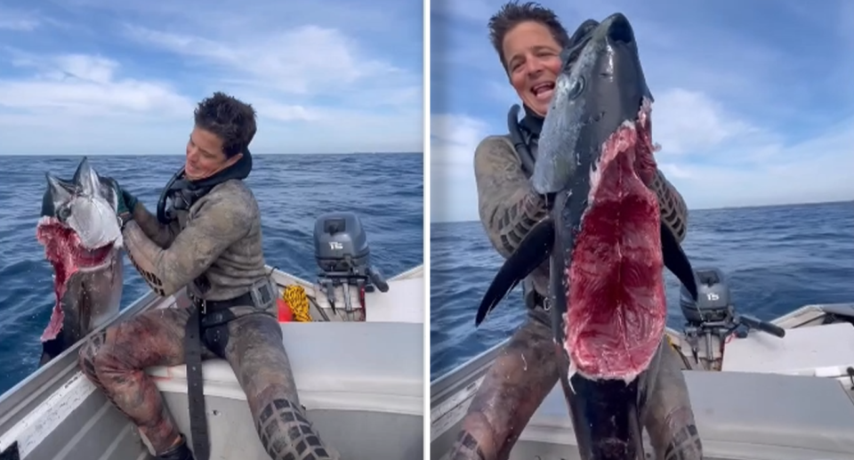 Two images of Gil hauling the tuna from the water with a big bite mark.