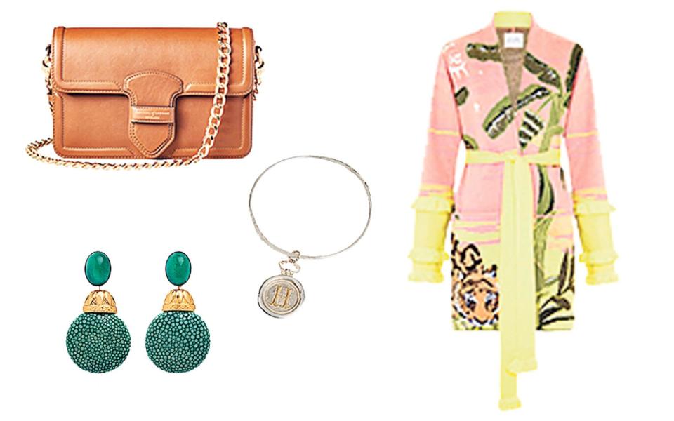 From left: Leather bag, £525, Aspinal of London; below: Drop earrings, £265, Laurence Coste; centre, Wax seal bangle, £225, Jessica de Lotz; right, Jacquard cardigan, £350, Hayley Menzies