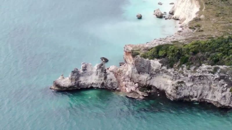 A screen grab taken from aerial footage shows damages left by the earthquake at Punta Ventana near Guayanilla