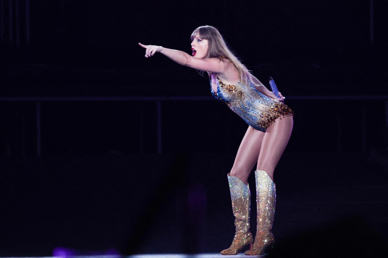 Superstar Taylor Swift performs on stage during a concert as part of her Eras World Tour in Sydney on February 23, 2024. (Photo by David Gray/AFP via Getty Images