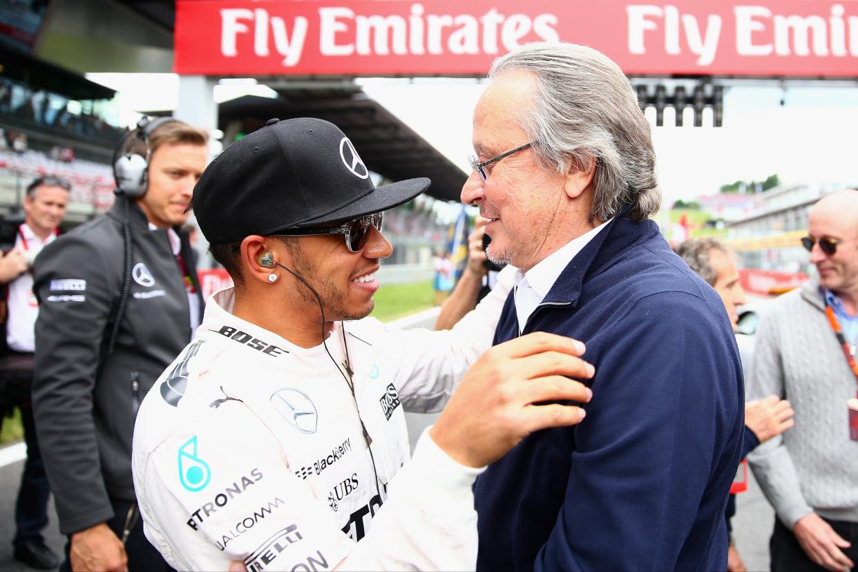 <p>Mansour Ojjeh and Lewis Hamilton in 2015</p> (Getty Images)
