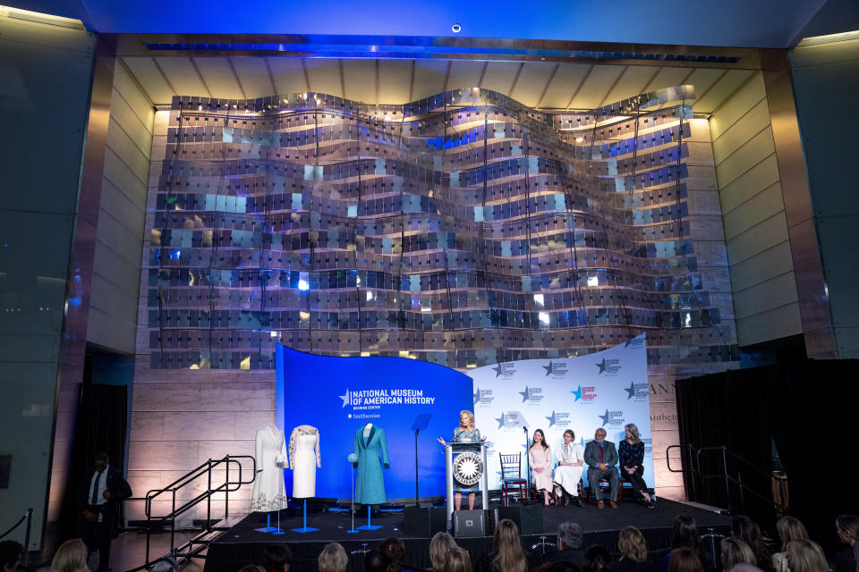 First lady Jill Biden speaks during an event to present her 2021 inaugural ensembles to the Smithsonian's National Museum of American History, Wednesday, Jan. 25, 2023, in Washington. (AP Photo/Alex Brandon)