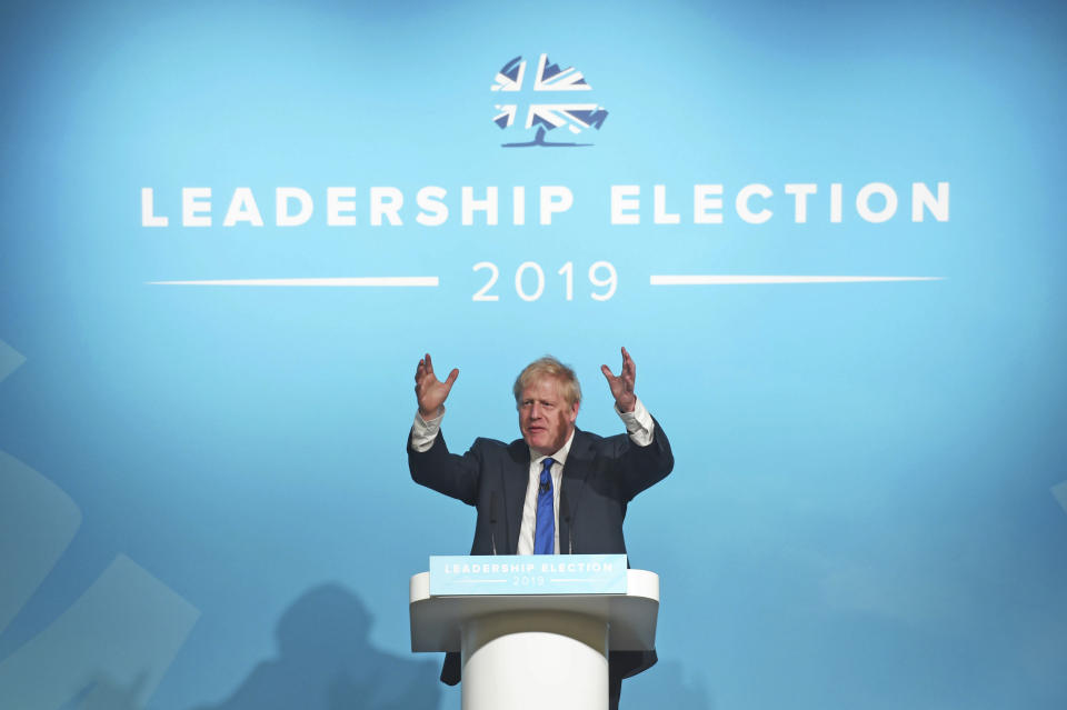 Conservative party leadership candidate Boris Johnson speaks during a Tory leadership hustings at the All Nations Centre in Cardiff, Wales, Saturday, July 6, 2019. (David Mirzoeff/PA via AP)