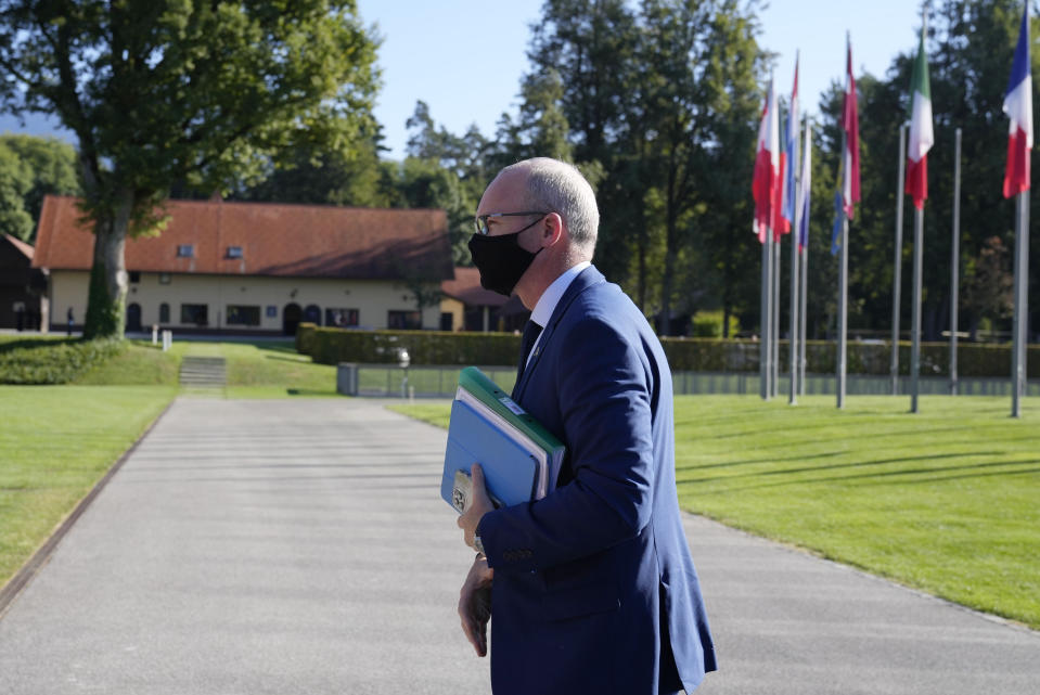 Ireland's Defense Minister Simon Coveney arrives for a meeting of EU defense ministers at the Brdo Congress Center in Kranj, Slovenia, Thursday, Sept. 2, 2021. (AP Photo/Darko Bandic)