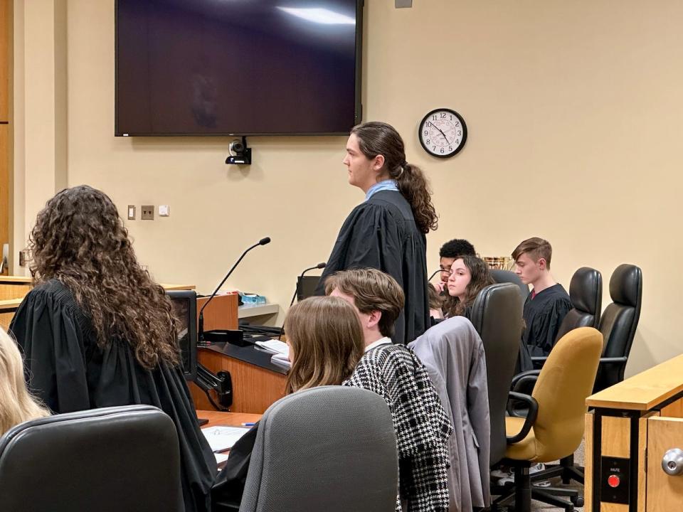 The defence team consisting of students from Cardinal Carter Catholic Secondary School make their case during a mock trial at the Superior Court of Justice in Windsor.