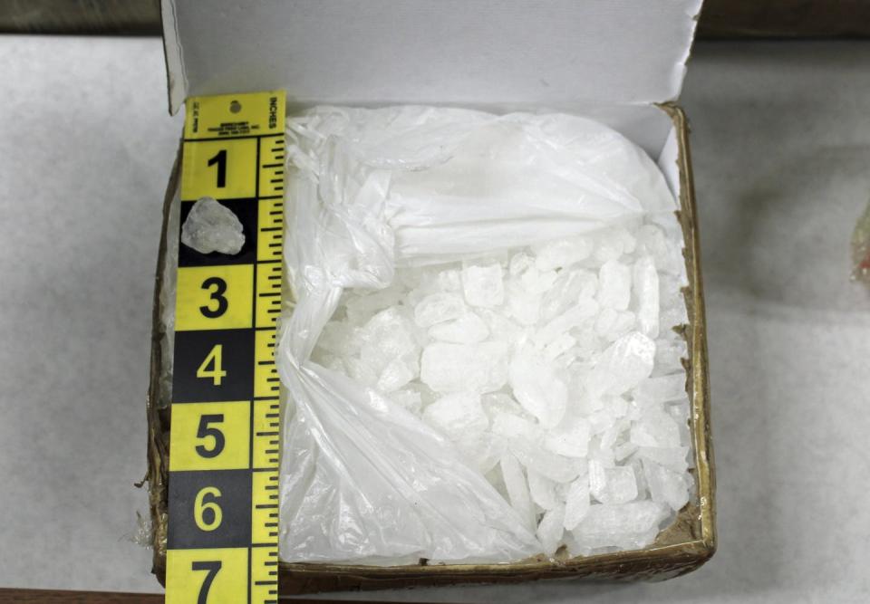 <span class="caption">A box of meth from a 2018 Minneapolis drug bust. Law enforcement seized a total of 171 pounds with an estimated street value of $7.75 million.</span> <span class="attribution"><a class="link " href="http://www.apimages.com/metadata/Index/Meth-Deaths/8d6651c49058456291cdcd7fd8a5fa62/38/0" rel="nofollow noopener" target="_blank" data-ylk="slk:Cannon River Drug & Violent Task Force via AP;elm:context_link;itc:0;sec:content-canvas">Cannon River Drug & Violent Task Force via AP</a></span>